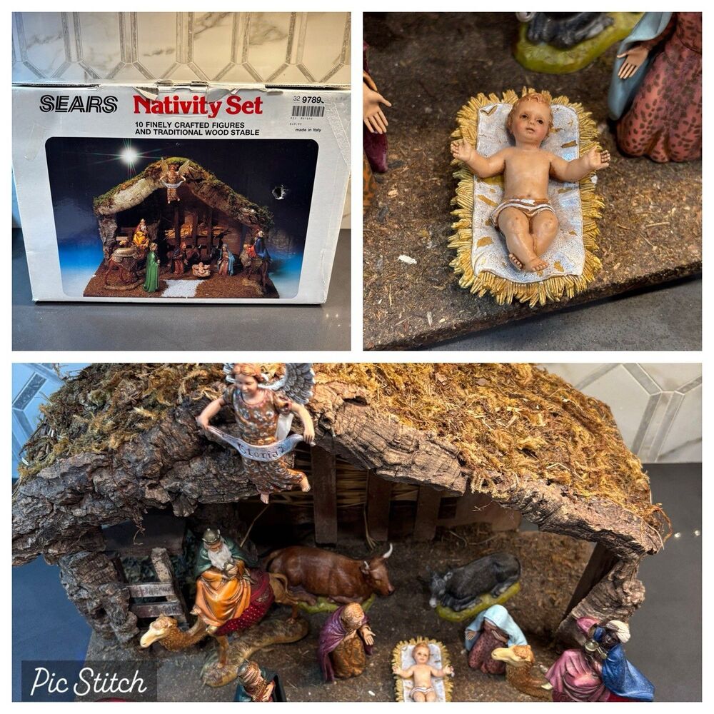 Sears Nativity Set Wood Manger 10 Figures Italy Complete 32-97893 w/ Box Vintage